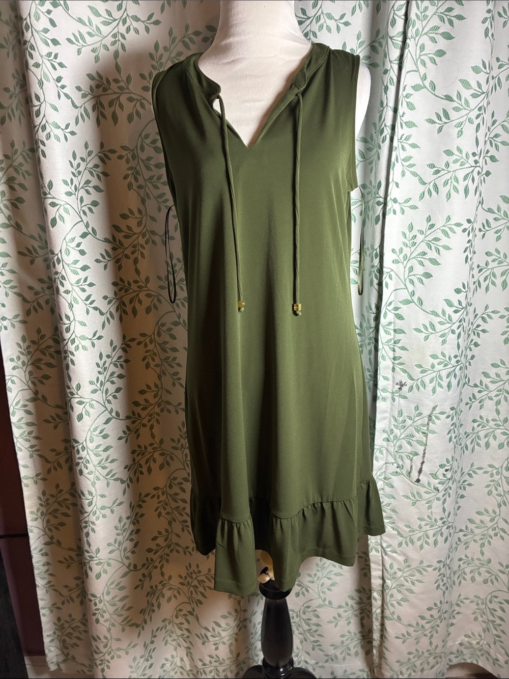 Sleeveless Olive Green Drawstring Ruffle Hem Dress